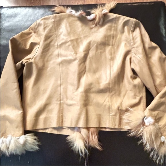 Cache Vintage Leather Jacket Rabbit Fur Trim Tan Cream Size Large - Picture 7 of 12